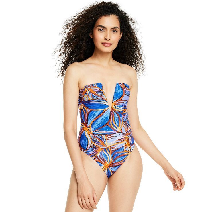 Women's Leafy Palm Print Deep V-Neck High Leg Cheeky One Piece Swimsuit - Fe Noel x Target Blue/G... | Target