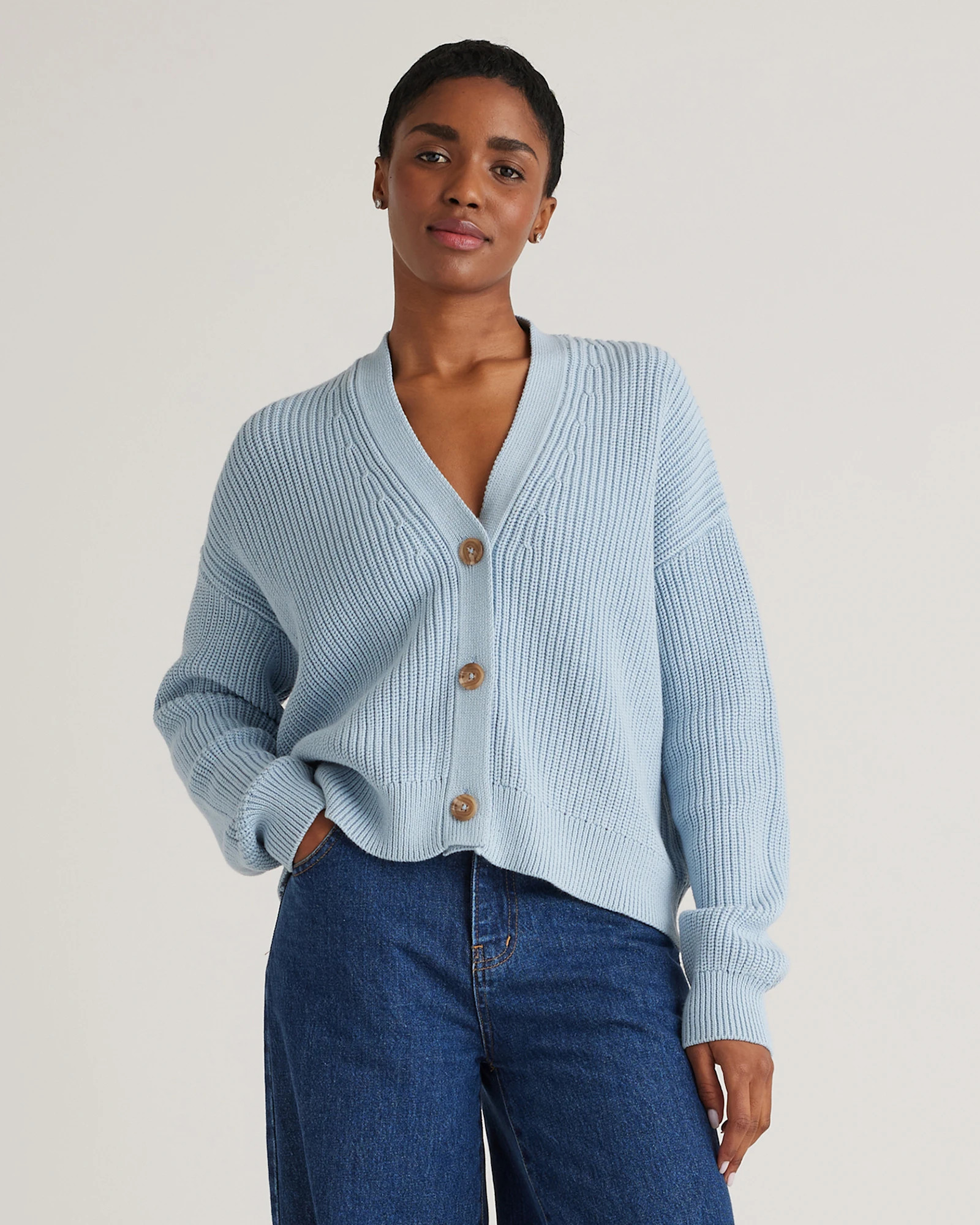 100% Organic Cotton Fisherman Boxy Cropped Cardigan in Sky Blue | Quince