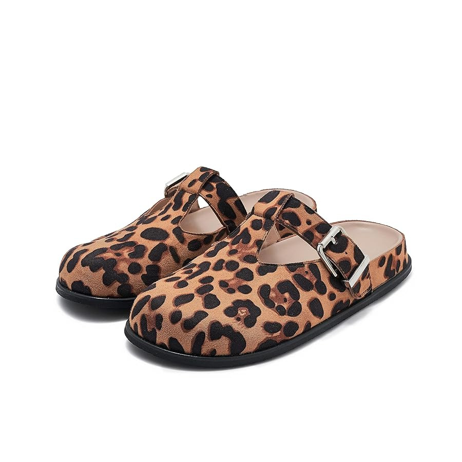 Leopard Faux Calf Hair Mules for Women Round Toe Buckle Strap Platform Clogs Footbed Flatform Mul... | Amazon (US)