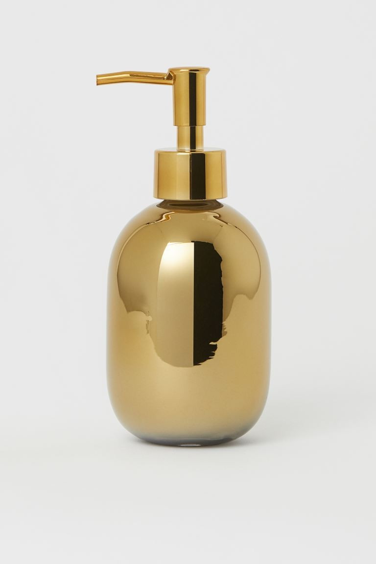 Soap dispenser in painted glass with a plastic pump. Diameter 3 1/4 in., height (including pump) ... | H&M (US + CA)