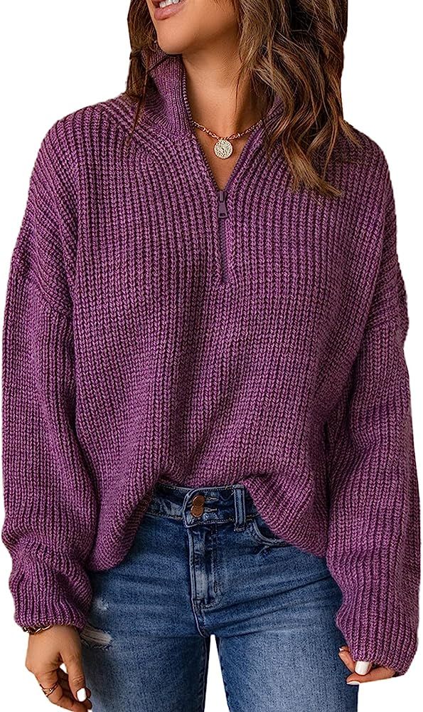 Dokotoo Women's Long Sleeve 1/4 Zip Pullover Sweaters Casual Solid V Neck Loose Slouchy Knit Jumper  | Amazon (US)