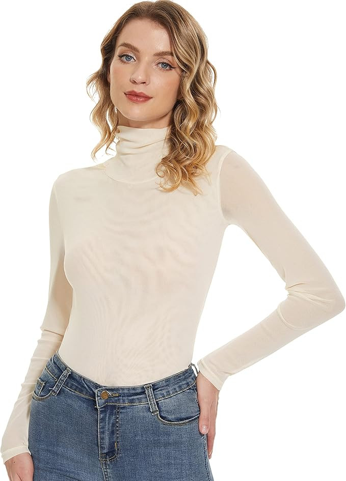 Women's Turtleneck Top Long Sleeve Slim Fit Shirts Mesh Sheer See Through Casual Top | Amazon (US)