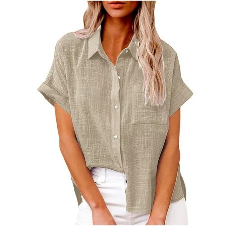 Dyegold Linen Shirts For Women Oversized White Button Down Cotton Linen Tops Summer Casual Loose Fit Short Sleeve Tee Blouse | Walmart (US)