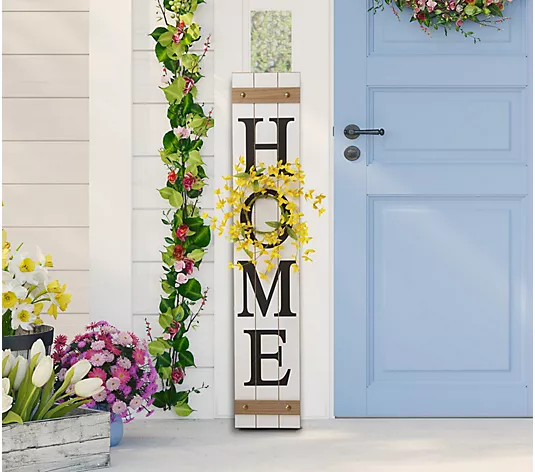 Glitzhome HOME Porch Sign With Fall, Winter, Sping Wreaths - QVC.com | QVC