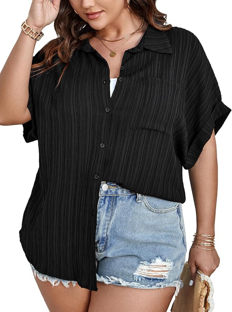 SCOMCHIC Women Plus Size Button Down Short Sleeve Shirts Collared Textured Summer Blouse Casual T... | Amazon (CA)