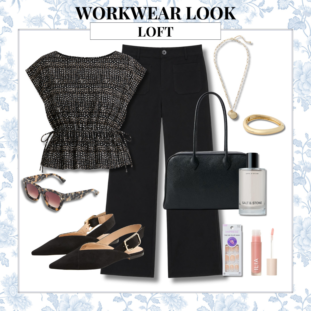 One of those mornings when I needed to get dressed quickly but still feel ready for the day. The textured top has adjustable side ties that define the waist, while the wide leg trousers and slingback flats keep the outfit comfortable through meetings, errands, and dinner afterward.

LOFT workwear, black office outfit, wide leg trousers, printed blouse, slingback flats, business casual style, work tote, summer office outfit, neutral workwear, women’s work fashion, office outfit ideas, AudrieDollins

#LTKWorkwear #LTKOver40 #LTKootd
