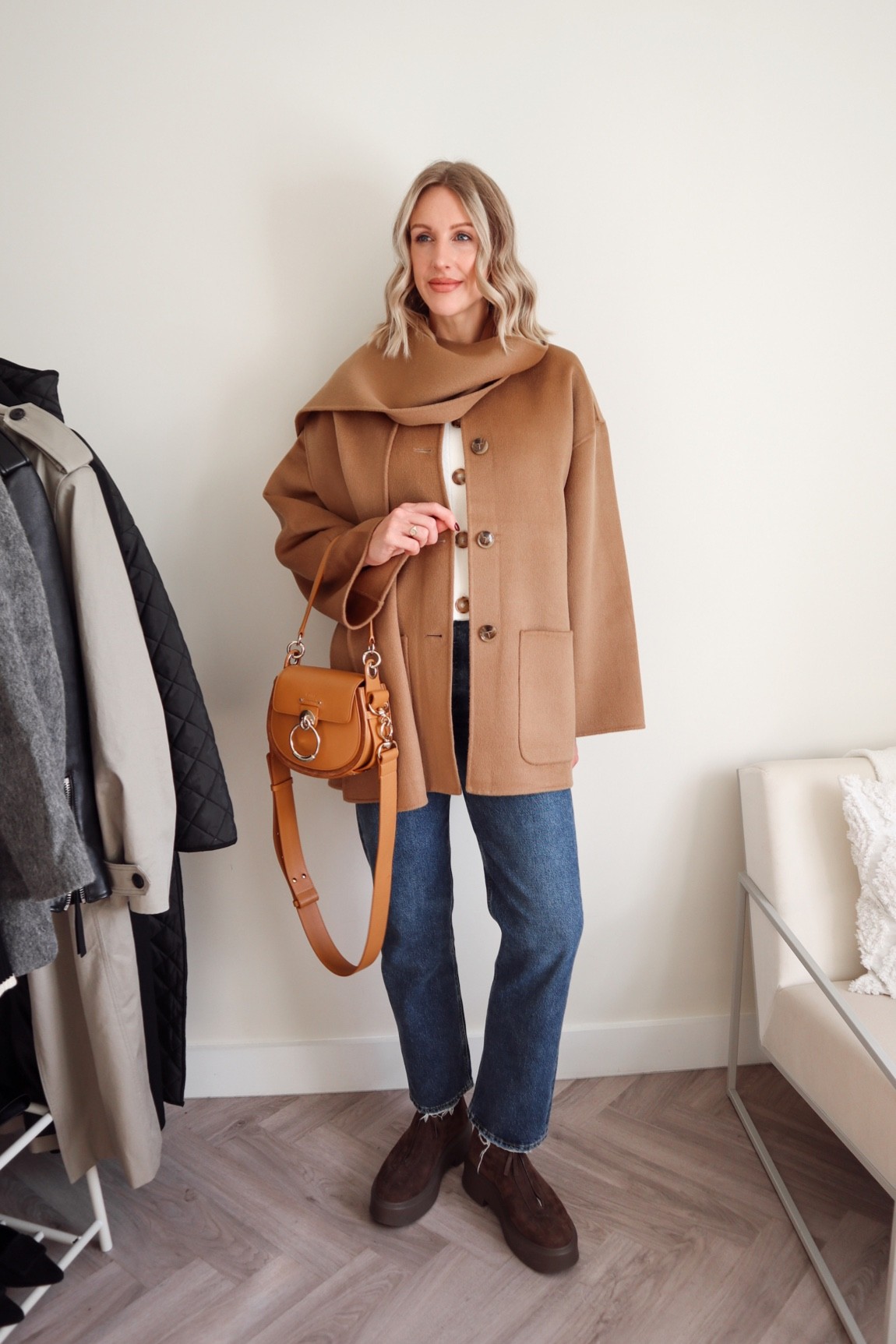 Blue jeans and chunky boots outfit styling the Toteme scarf coat of the season #capsulewardrobe #toteme #scarfcoat #camelcoat 

#LTKstyletip #LTKSeasonal #LTKitbag