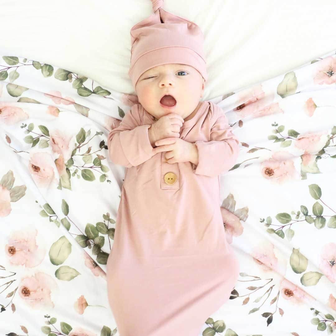 Solid Mauve Bamboo Baby Knot Gown & Hat | Caden Lane
