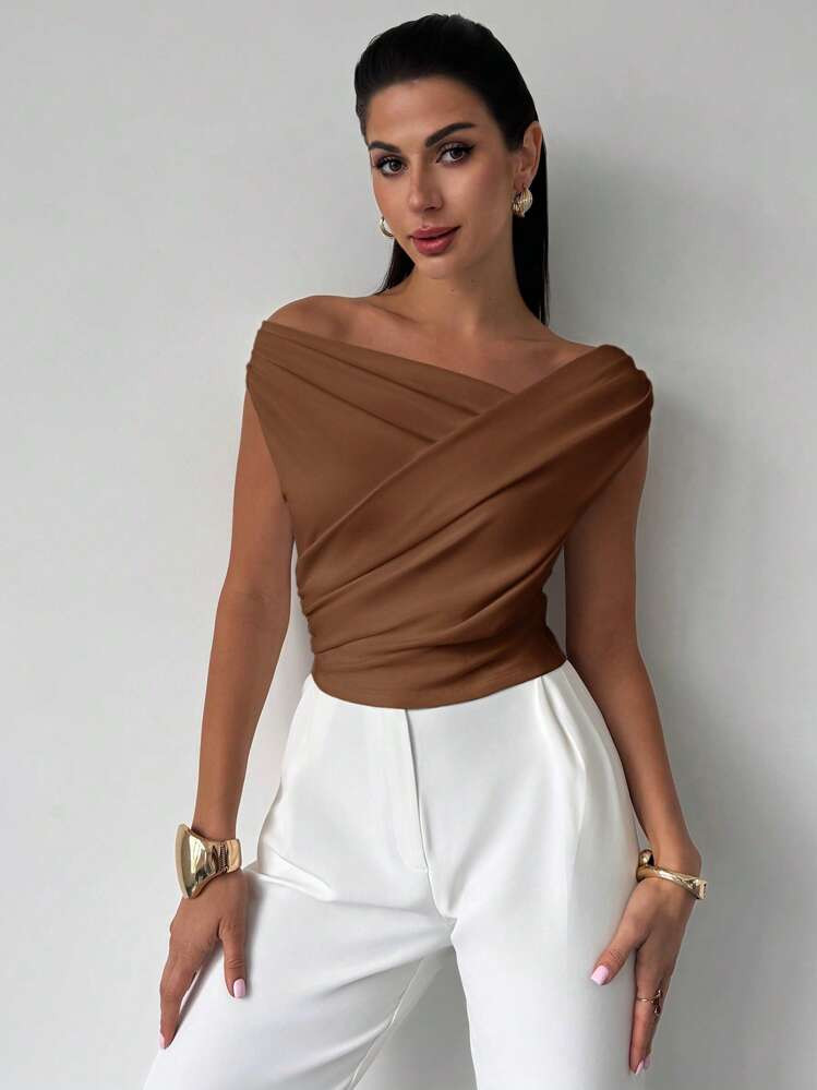 Women's Elegant Minimalist Chic Fashion Sexy Daily Commute Music Festival Holiday One Shoulder Asymmetrical Draped White Cropped Top, Spring/Summer Fashion Clothing Summer Outfits | SHEIN