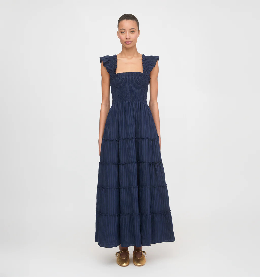 The Ellie Maxi Nap Dress - Navy Tonal Seersucker | Hill House Home US