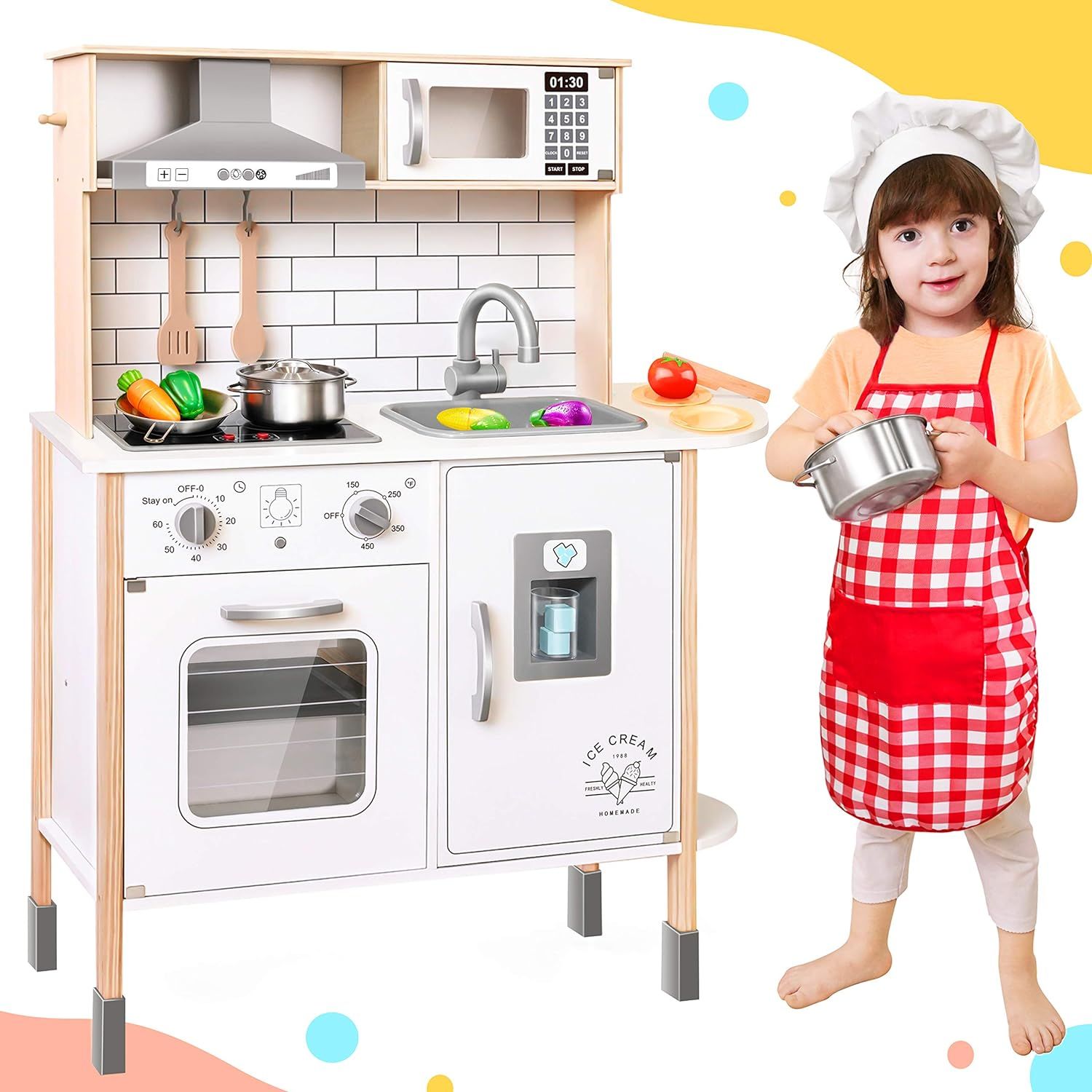 Play-Kitchen-for-Kids with 18 Pcs Toy Food & Cookware Accessories Playset Wooden Chef Pretend Pla... | Amazon (US)