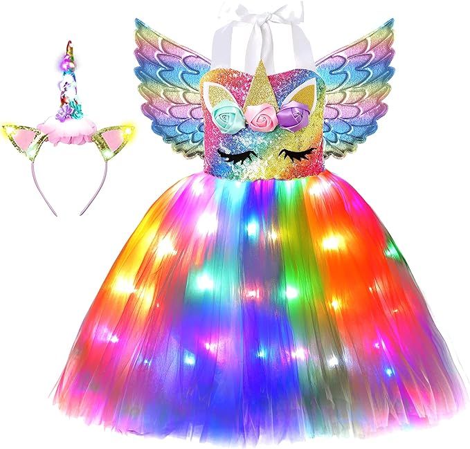 Soyoekbt Girls Unicorn Costume LED Light Up Unicorn Princess Dress Birthday Party Outfit Hallowee... | Amazon (US)