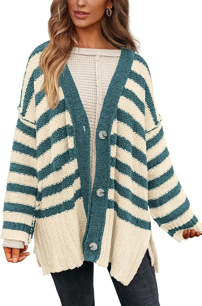 PRETTYGARDEN Women's Striped Cardigan Sweaters Long Sleeve Button Down Chunky Knit Oversized Fall... | Amazon (US)