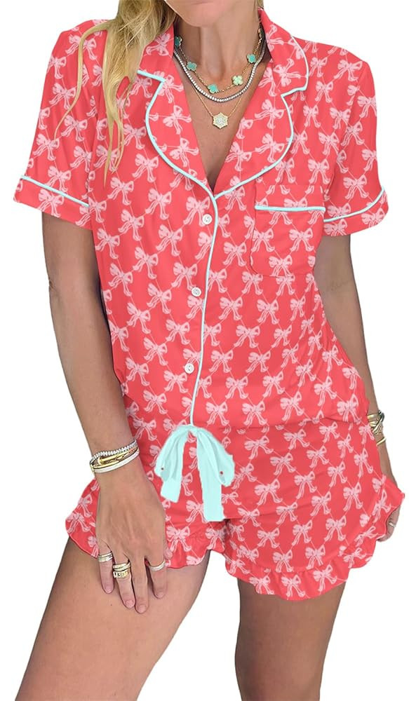 KevaMolly Womens Christmas Lounge Sets Candy Cane Print Pocketed Knotted PJ Set Short Sleeve Xmas... | Amazon (US)