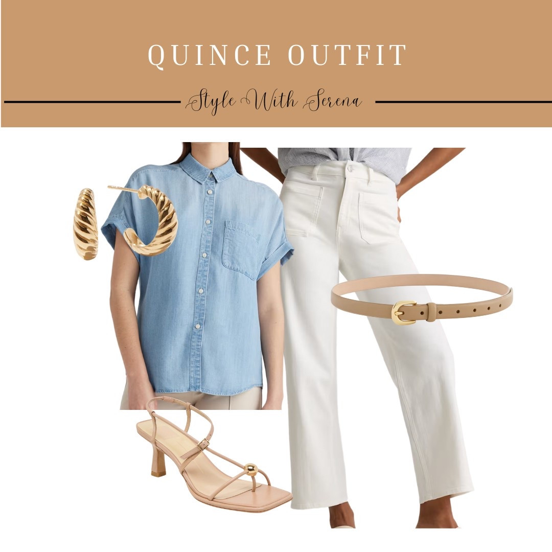 Quince outfit, quince fashion, summer fashion, denim blouse, white jeans, white denim, heels, belt 

#LTKOver40 #LTKSeasonal #LTKStyleTip