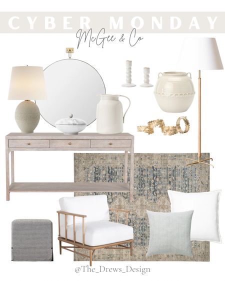 My picks from the McGee and co Black Friday Cyber Monday sale. Console table, floor plant, round mirror, lamps, cube ottoman, wood and white accent chair, throw pillows 

#LTKhome #LTKsalealert #LTKCyberweek