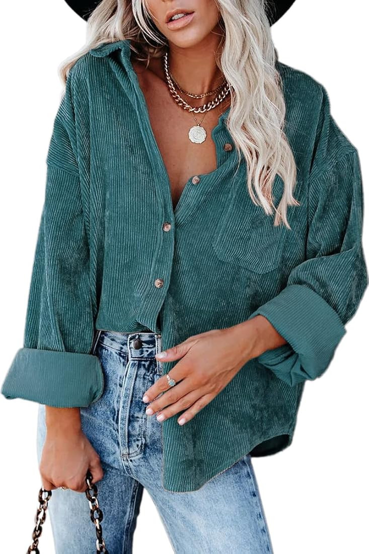 CHYRII Women's Corduroy Shirts Casual Oversized Button Down Shacket Long Sleeve Shirts Blouse Top... | Amazon (US)