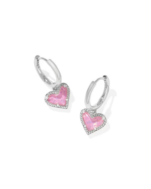 Ari Heart Silver Huggie Earrings in Pink Iridescent Glitter Glass | Kendra Scott
