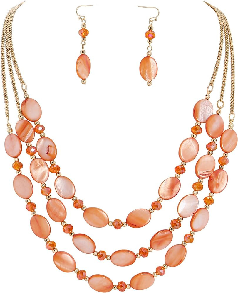 Firstmeet 3 Layered Beaded Necklace Set with Earrings Oval Shell Beads Jewelry Gift for Women | Amazon (US)