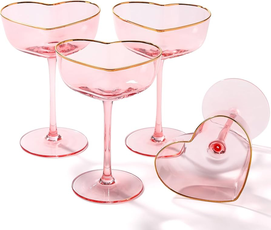Pink Coupe Glasses Set of 4, Heart-Shaped Martini Glasses with Golden Rim, Fancy Manhattan, Cosmo... | Amazon (US)