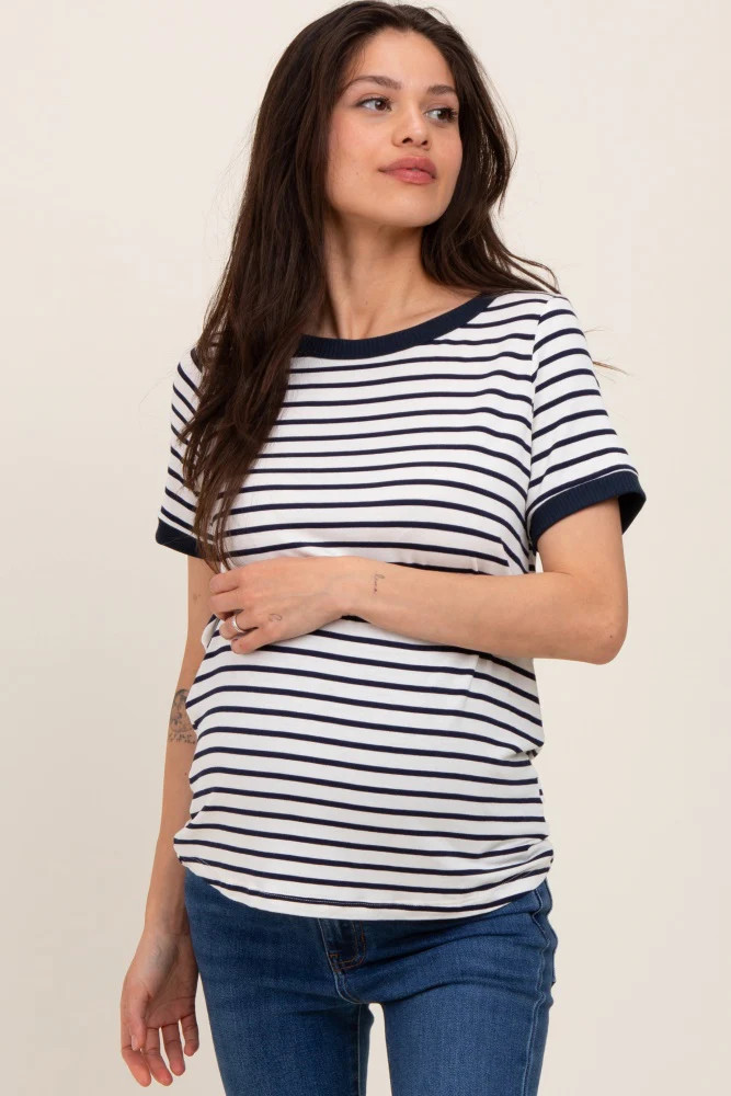 Navy Blue Striped Short Sleeve Maternity Top | PinkBlush Maternity