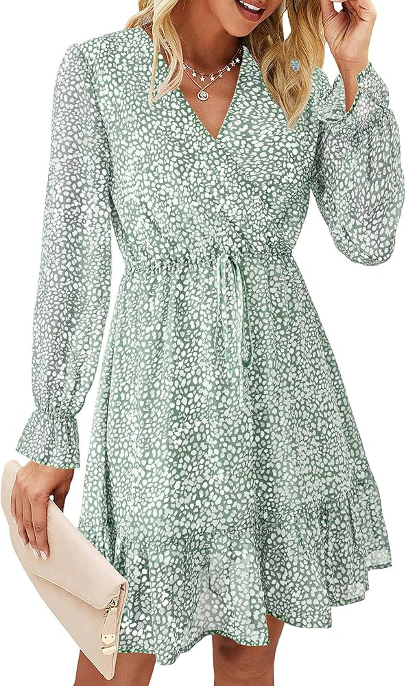 KIRUNDO Women Casual Summer Fall Dresses Long Sleeve Floral Wrap V Neck High Waist Ruffle Tiered ... | Amazon (US)