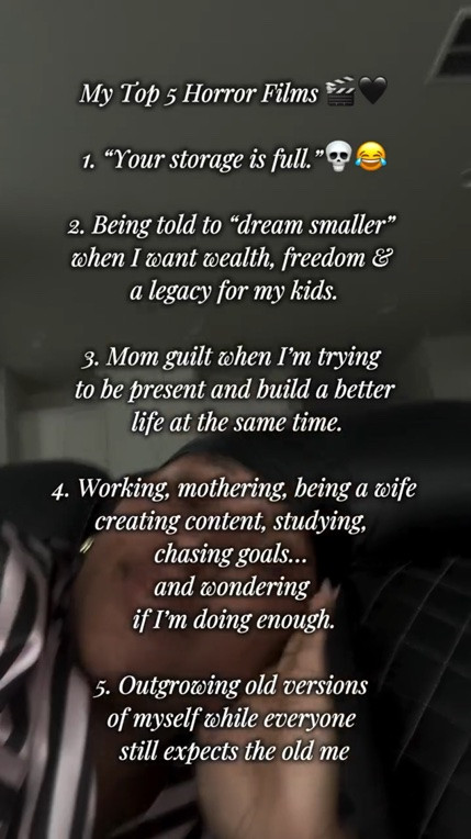 My Top 5 Horror Films. 😭🌱The real horror? Becoming someone new while carrying responsibilities, dreams, bills, motherhood, marriage and expectations all at once. But we keep going anyway 💕✨ #BecomingEra #MomLife #Rebuilding #blackmom #blacklove