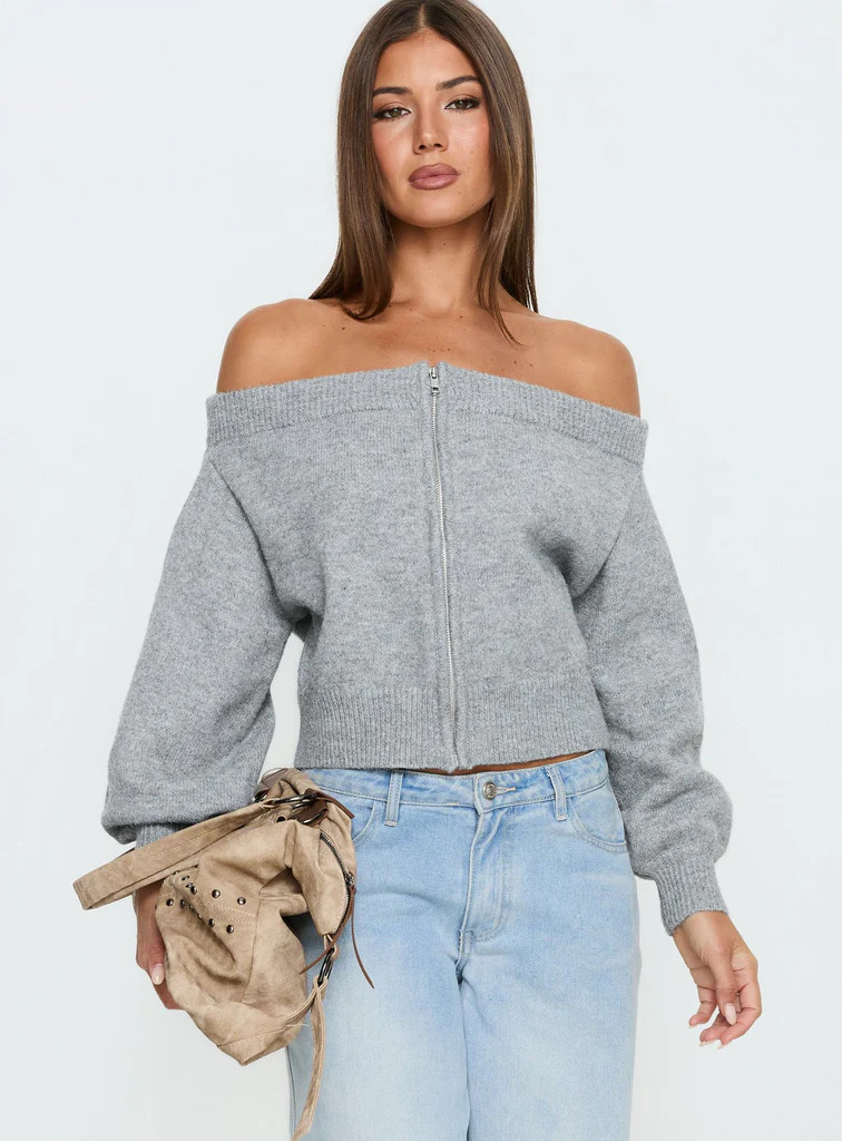 Ortensa Off Shoulder Zip Through Jumper Grey Marle | Princess Polly US