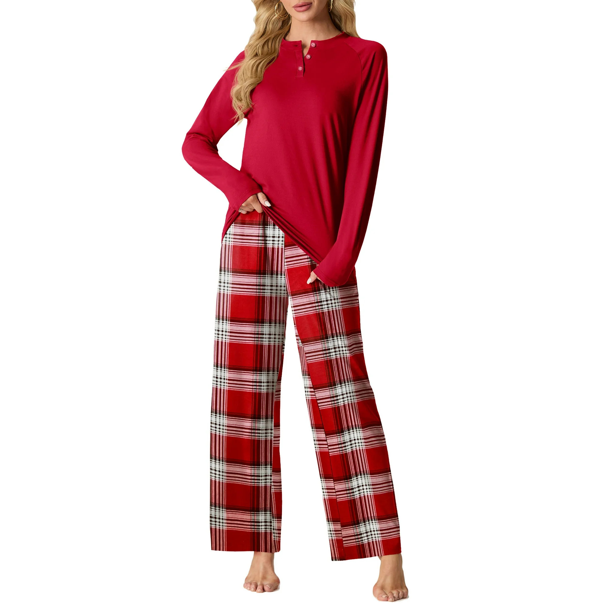 MINTREUS Womens Pajama Sets Soft Long Sleeve Sleepwear Ladies Christmas Loungewear Two Piece Red ... | Walmart (US)