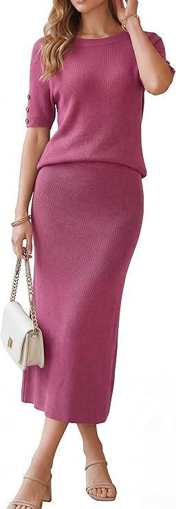 Arach&Cloz Women's Wool Blend Sweater 2 Piece Sets Business Casual Short Sleeve Top Midi Dress Ou... | Amazon (US)