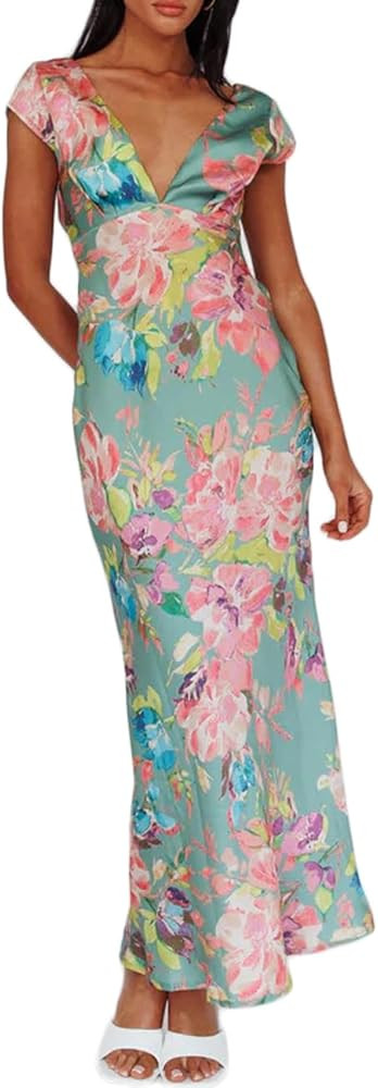 Halfisland Womens Summer Satin V Neck Cap Sleeve Backless Maxi Dress Elegant Twist Cut Out Midi D... | Amazon (US)