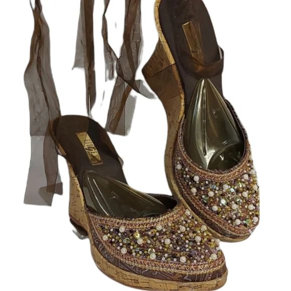 Rouge Helium Brown Bohemian Wedges Beads Pearls Sequins Lace Up Round Toe 7 | Poshmark