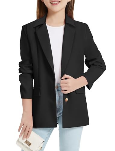 EXARUS Girls Blazer Kids Blazers Jacket Teen Suit Casual Black Blazer Long Sleeve Open Front Button Formal Lapel Collar with Inner Pockets School 12Y | Amazon (US)