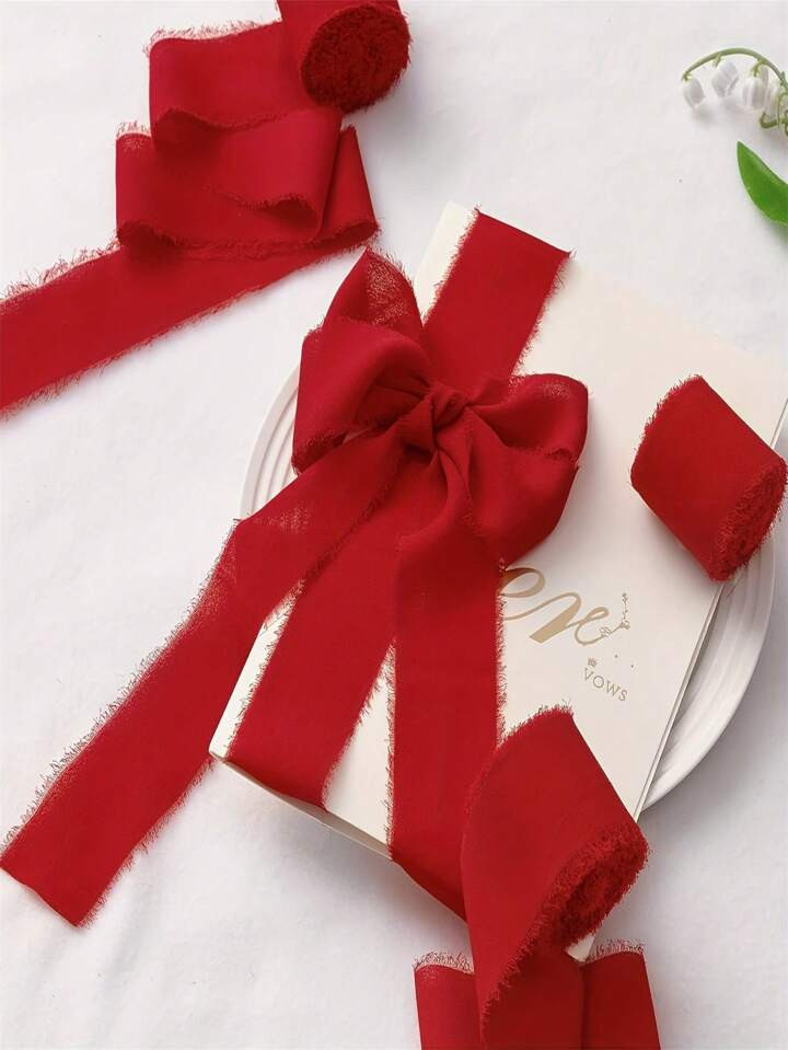 1Rolls Christmas Ribbon Handmade Chiffon Silk Ribbon Fringe 1.5" X 16.4ft Frayed Edges Ribbons Fo... | SHEIN