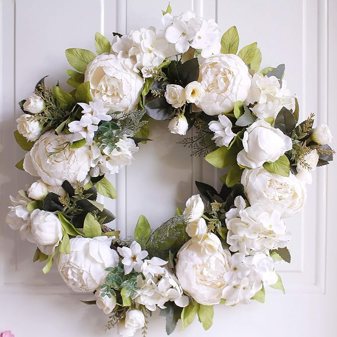 Dseap Wreath - Peony Flower Wreath, Floral Wreath, Door Wreaths for Front Door, 17-Inches, White | Amazon (US)