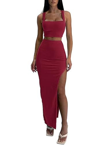 ELLEVEN Two Piece Maxi Skirt Sets for Women Summer Sexy Outfits 2 Piece Sets Sleeveless Square Neck Crop Tank Top and High Side Slit Bodycon Skirt Slim Dress Sets Going Out Outfits Burgundy Small | Amazon (US)