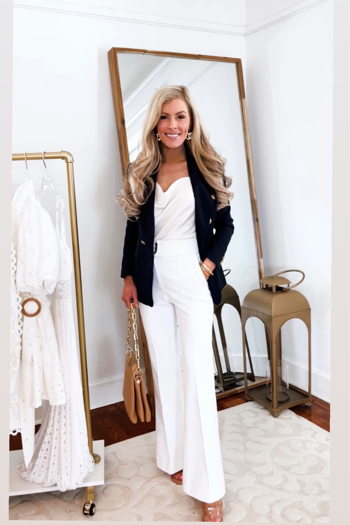 Navy blazer : 00 petite 
Cowl neck cami : xs 
White flare pants : similar linked 

Workwear
Business casual
Office outfit 
corporate style 
smart casual
petite outfit 

#LTKSeasonal #LTKworkwear #LTKFind