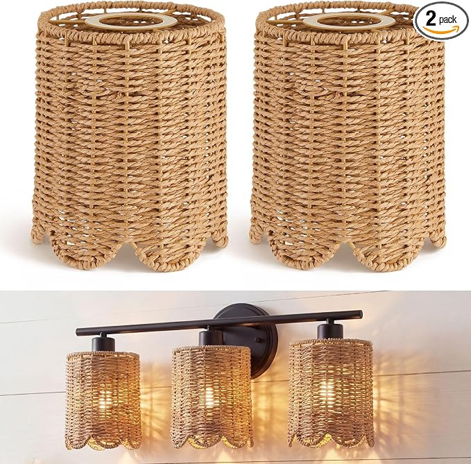 Glooglitter 2 Pcs Rattan Lamp Shade Small Scalloped Lampshade with E14 Adapter Ring Drum Lamp Sha... | Amazon (US)