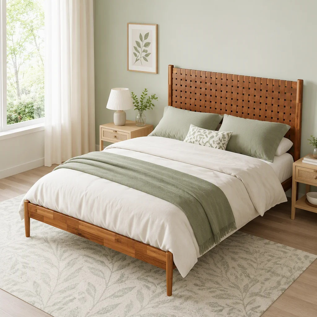 Solid Acacia Wood Platform Bed with Hand-Woven Vegan Leather Headboard | Wayfair North America