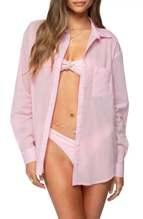 EDIKTED Kellen Oversize Cotton Button-Up Shirt in Pink at Nordstrom, Size X-Small | Nordstrom