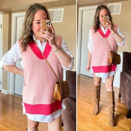 Valentine’s Day outfit inspiration from Amazon. White button down top and v-neck sweater vest pullover with knee high boots. #founditonamazon

#LTKsalealert #LTKstyletip #LTKSeasonal