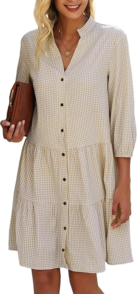 CCTOO Women's Summer Dresses Casual V Neck Button Down 3/4 Sleeve Floral Print Loose Flowy Shirt ... | Amazon (US)