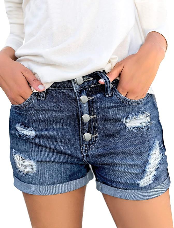 luvamia Women's Ripped Denim Jean Shorts Mid Rise Stretchy Folded Hem Short Jeans | Amazon (US)