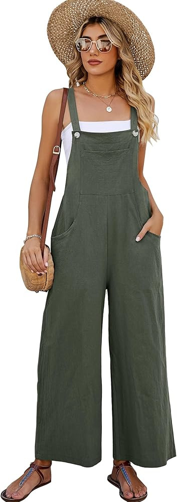 COZYPOIN Women's Cotton Bib Overalls Wide Leg Loose Fit Jumpsuit Baggy Fashion Sleeveless Rompers | Amazon (US)