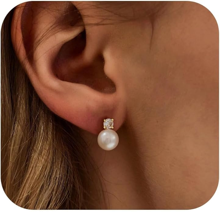 WFYOU Pearl Earrings for Women 925 Sterling Silver Earring 14K Gold Plated Pearls Stud Earrings f... | Amazon (US)