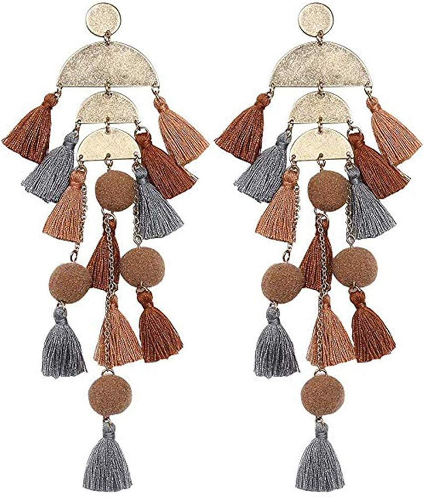 Women's Beaded Tassel Earrings Statement Fringe Drop Bohemian Chandelier Earrings Geometric Dangl... | Amazon (US)