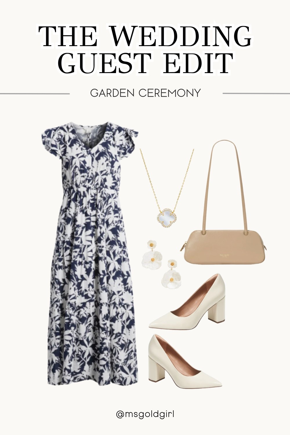 Garden ceremony wedding guest attire. A navy and white floral dress paired with white heels and a beige hand bag for a classic look.

#LTKSeasonal #LTKSummerEdit #LTKStyleTip