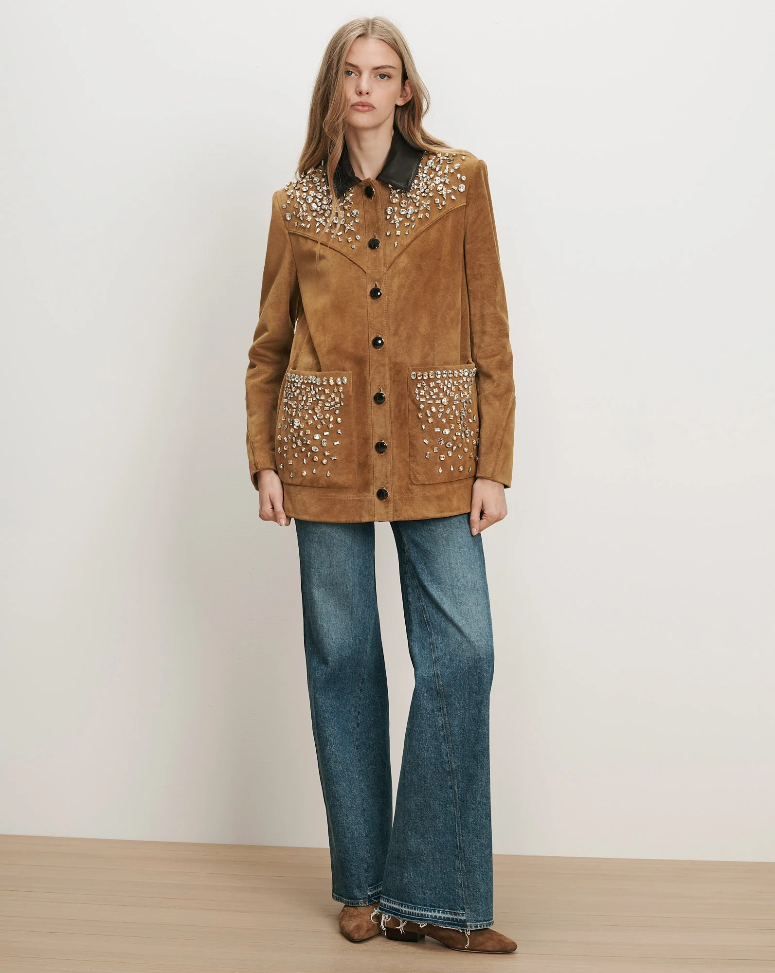 Shannon Suede Embellished Field Jacket in Acorn Tan | Veronica Beard | Veronica Beard