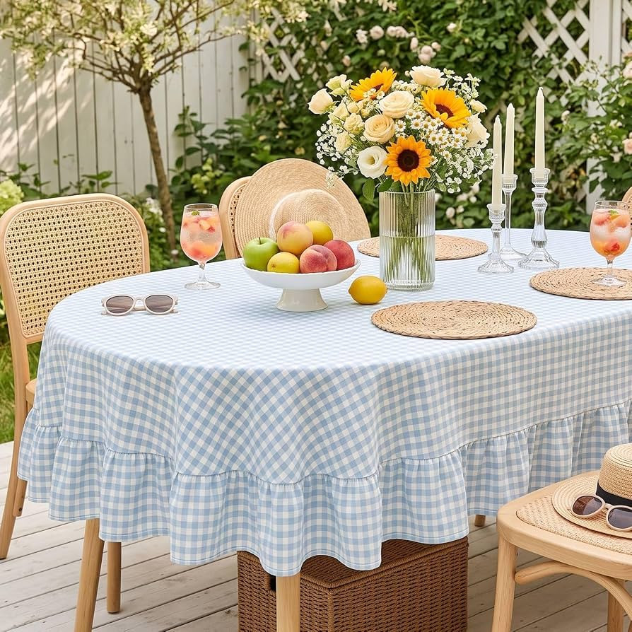 Mindsoft Sky Blue Gingham Ruffled Tablecloth, 60 x 84 Inches, Oval | Amazon (US)