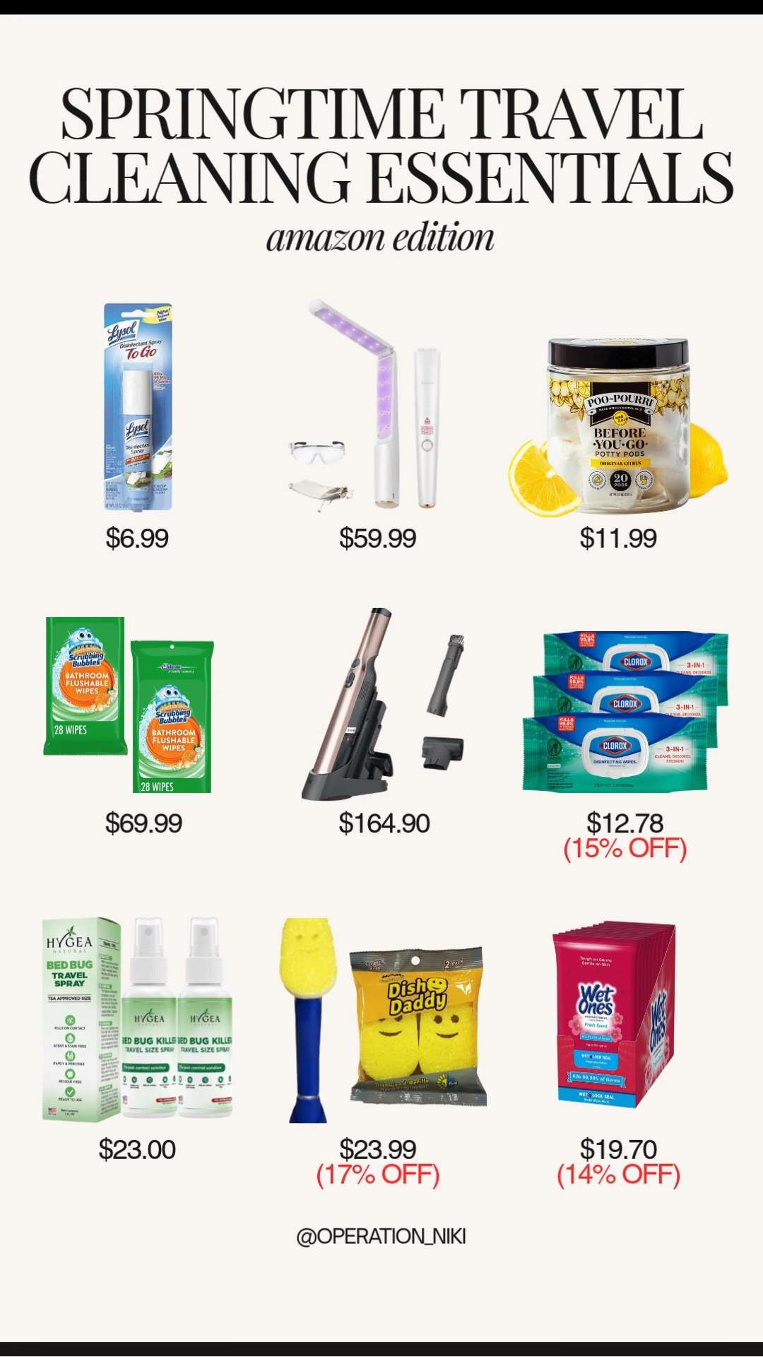 Spring break is calling, but we aren't leaving the germs behind. 🌸✈️ Keep your travel space fresh and sanitized with these springtime cleaning essentials. Whether it's a quick flight or a long road trip, having your kit ready means you can relax knowing your environment is truly clean. Pack light, travel smart, and stay comfortable wherever you land. 🧼🧳 Follow for more @OPERATION_NIKI on IG, TikTok, & Facebook #SpringTravel #TravelEssentials #CleaningHacks #TravelCleaning #SpringBreak #CleanTravel #AmazonTravel #Sanitize #OperationNiki #TravelTips 

 

#LTKselfcare #LTKHome #LTKTravel